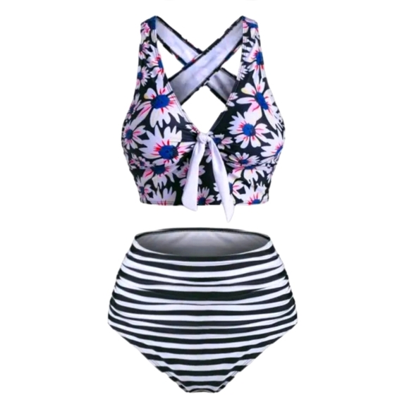 Criss Cross Bikini Set ✦ Floral Tankini Top + Striped High Waist Bottoms ✦ S NWT - Picture 2 of 12